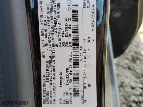 2019 Ford Fiesta SE with VIN 3FADP4BJ5KM161797, listed as a Copart auction lot 49506405 with 0 mi miles and Salvage Title. Bid and sale history available at carsss.com. Image 14.