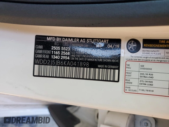 2019 Mercedes-Benz CLS 450 с VIN WDD2J5JB6KA041898, выставлен на аукционе Copart как лот 48348115 с пробегом 52 332 миль миль и Списание • Salvage title. История ставок и продаж доступна на DreamBid. Изображение 12.