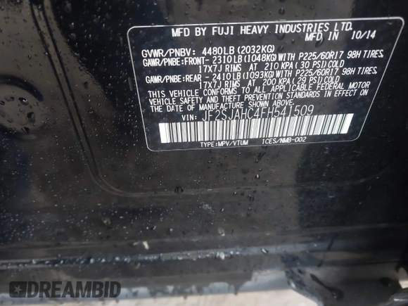 2015 Subaru Forester 2.5i Limited with VIN JF2SJAHC4FH541509, listed as a IAAI auction lot 41015158 with 100,091 mi miles. Bid and sale history available at carsss.com. Image 9.