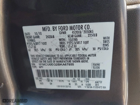 2011 Ford Escape Limited with VIN 1FMCU0EG2BKA67855, listed as a IAAI auction lot 41808002 with 183,476 mi miles. Bid and sale history available at carsss.com. Image 9.