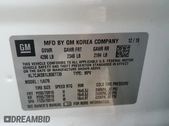 2020 Chevrolet Trax LS with VIN KL7CJKSB1LB087739, listed as a Copart auction lot 60591725 with 16,096 mi miles and Salvage title. Bid and sale history available at DreamBid. Image 13.