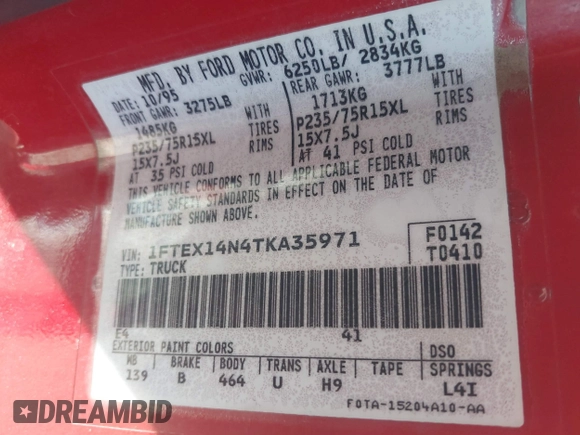 1996 Ford F-150 with VIN 1FTEX14N4TKA35971, listed as a IAAI auction lot 41744323 with 187,572 mi miles. Bid and sale history available at carsss.com. Image 9.