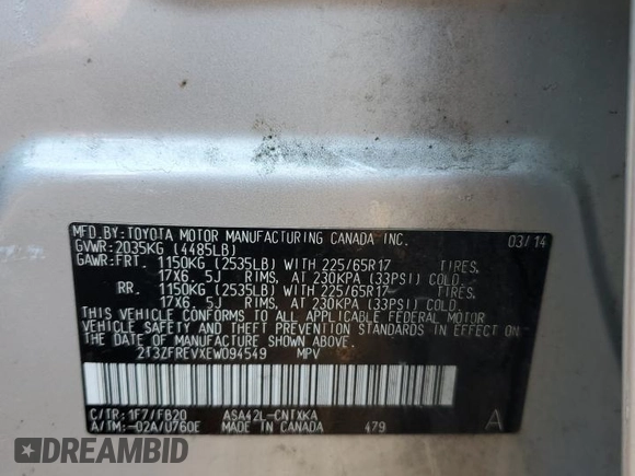 2014 Toyota RAV4 LE z VIN 2T3ZFREVXEW094549, wystawiony jako Copart lot #87026134 z przebiegiem 155 886 mil mil oraz Szkoda całkowita • Salvage title. Historia ofert i sprzedaży dostępna na DreamBid. Obrazek 15.