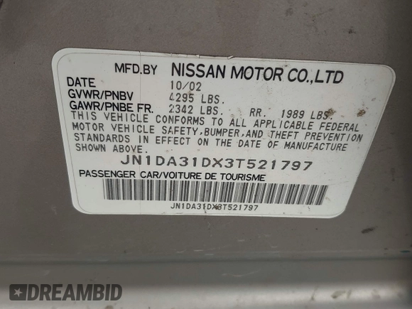 2003 Nissan Maxima SE with VIN JN1DA31DX3T521797, listed as a IAAI auction lot 42737605 with 150,045 mi miles and . Bid and sale history available at DreamBid. Image 9.