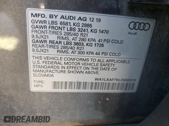 2020 Audi Q7 Premium Plus with VIN WA1LXAF70LD002518, listed as a Copart auction lot 86742944 with 46,961 mi miles and Salvage Title. Bid and sale history available at carsss.com. Image 13.