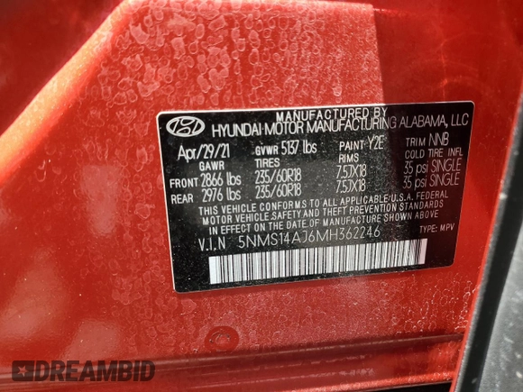 2021 Hyundai Santa Fe SE with VIN 5NMS14AJ6MH362246, listed as a Copart auction lot 59964605 with 30,887 mi miles and Salvage title. Bid and sale history available at DreamBid. Image 12.