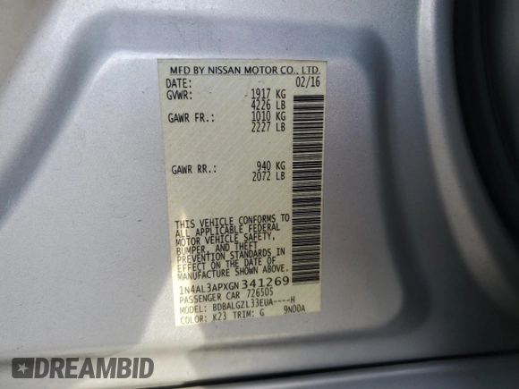 2016 Nissan Altima S with VIN 1N4AL3APXGN341269, listed as a Copart auction lot 87672755 with 122,386 mi miles and Salvage Title. Bid and sale history available at DreamBid. Image 15.