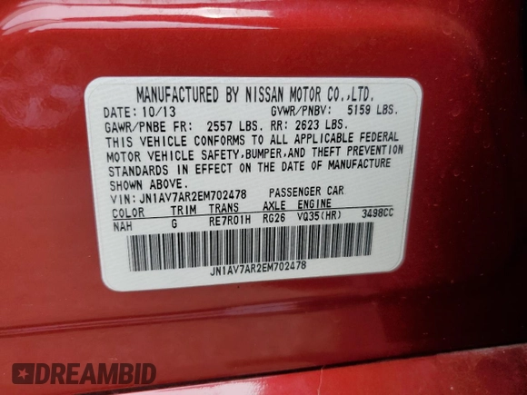 2014 Infiniti Q50 Hybrid Premium with VIN JN1AV7AR2EM702478, listed as a Copart auction lot 53332775 with 115,142 mi miles and Clean Title. Bid and sale history available at DreamBid. Image 12.