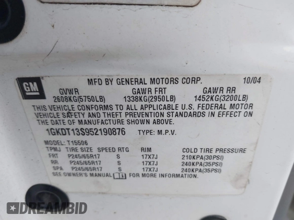 2005 GMC Envoy SLT with VIN 1GKDT13S952190876, listed as a IAAI auction lot 41308686 with 244,774 mi miles. Bid and sale history available at carsss.com. Image 9.
