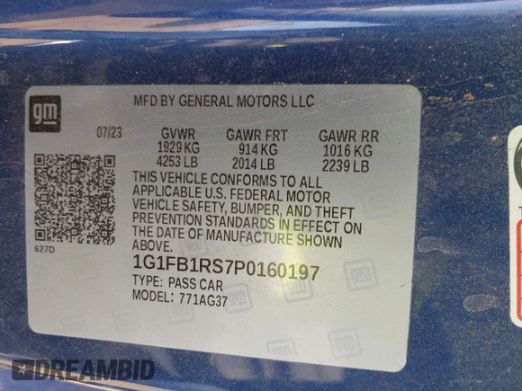 2023 Chevrolet Camaro 1LT с VIN 1G1FB1RS7P0160197, выставлен на аукционе IAAI как лот 41248320 с пробегом Не указан миль и . История ставок и продаж доступна на DreamBid. Изображение 9.