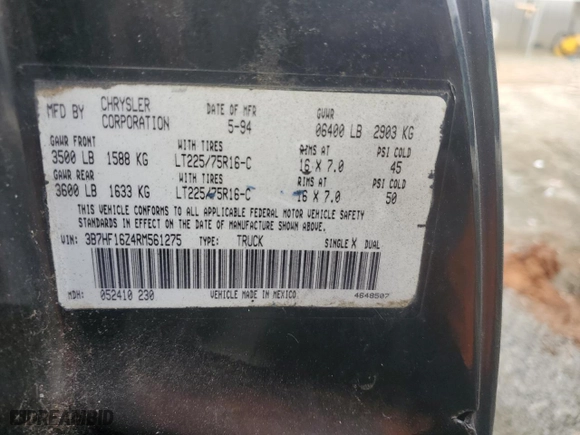 1994 Dodge Ram 1500 with VIN 3B7HF16Z4RM561275, listed as a Copart auction lot 43076245 with 0 mi miles and Salvage Title. Bid and sale history available at carsss.com. Image 12.
