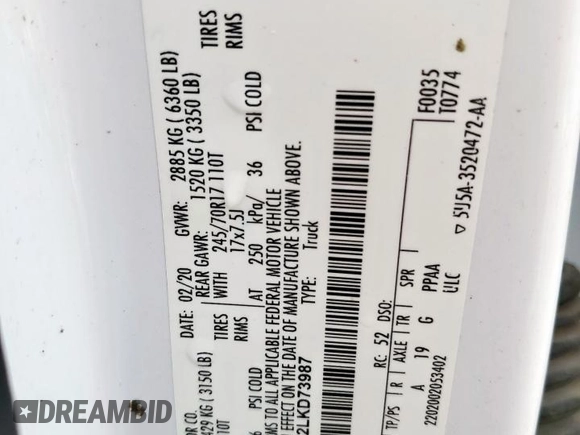2020 Ford F-150 XL with VIN 1FTEW1CP2LKD73987, listed as a Copart auction lot 60224045 with Not provided miles and Clean title. Bid and sale history available at DreamBid. Image 12.