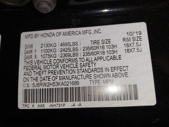 2019 Honda CR-V EX with VIN 5J6RW2H53KA021689, listed as a IAAI auction lot 41345252 with 101,321 mi miles. Bid and sale history available at carsss.com. Image 9.