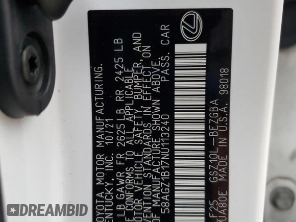 2022 Lexus ES 350 F Sport z VIN 58AGZ1B17NU113240, wystawiony jako Copart lot #54443775 z przebiegiem 66 229 mil mil oraz Szkoda całkowita • Salvage title. Historia ofert i sprzedaży dostępna na DreamBid. Obrazek 12.