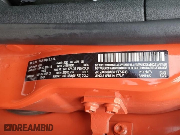 2017 Jeep Renegade Sport with VIN ZACCJBAB4HPE54733, listed as a Copart auction lot 61363555 with 199,315 mi miles and Salvage title. Bid and sale history available at DreamBid. Image 12.