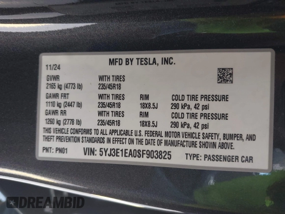 2025 Tesla Model 3 Long Range with VIN 5YJ3E1EA0SF903825, listed as a IAAI auction lot 42197820 with 4,944 mi miles and . Bid and sale history available at DreamBid. Image 9.