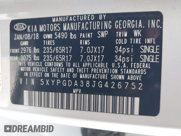 2018 Kia Sorento LX with VIN 5XYPGDA38JG426752, listed as a IAAI auction lot 41741931 with 45,912 mi miles. Bid and sale history available at carsss.com. Image 9.