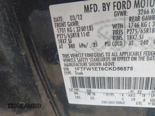 2012 Ford F-150 XL with VIN 1FTFW1ET6CKD56575, listed as a IAAI auction lot 42549250 with 209,257 mi miles and . Bid and sale history available at DreamBid. Image 9.