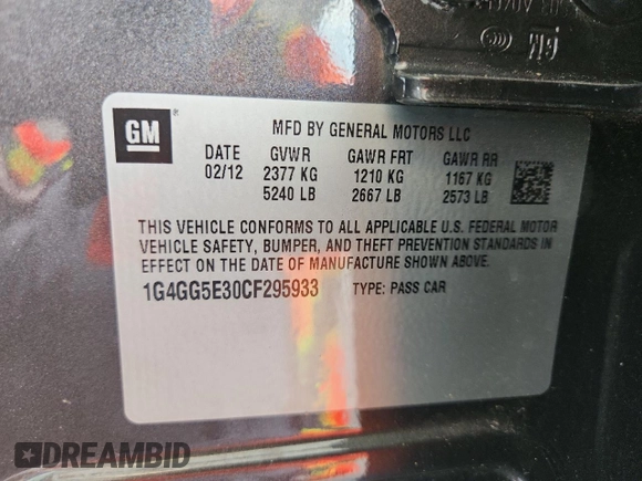 2012 Buick LaCrosse Premium 2 with VIN 1G4GG5E30CF295933, listed as a Copart auction lot 64004485 with 81,511 mi miles and Clean title. Bid and sale history available at DreamBid. Image 12.