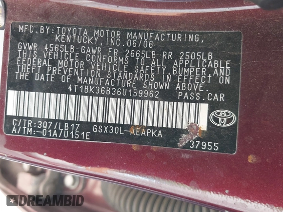 2006 Toyota Avalon XL with VIN 4T1BK36B36U159962, listed as a IAAI auction lot 42013752 with 214,461 mi miles and . Bid and sale history available at carsss.com. Image 9.