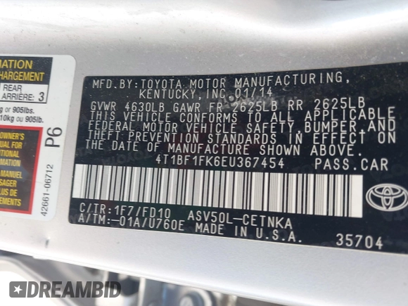 2014 Toyota Camry L with VIN 4T1BF1FK6EU367454, listed as a IAAI auction lot 41871829 with 140,696 mi miles and . Bid and sale history available at DreamBid. Image 9.