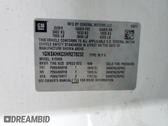 2017 Chevrolet Suburban LT z VIN 1GNSKHKC6HR278232, wystawiony jako Copart lot #57440745 z przebiegiem 121 712 mil mil oraz Szkoda całkowita • Salvage title. Historia ofert i sprzedaży dostępna na DreamBid. Obrazek 13.