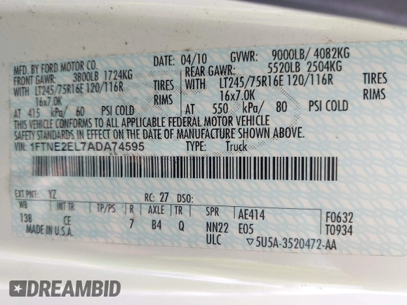 2010 Ford Econoline Cargo Commercial with VIN 1FTNE2EL7ADA74595, listed as a IAAI auction lot 42512878 with 154,412 mi miles and . Bid and sale history available at DreamBid. Image 9.