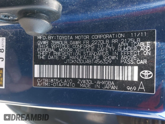 2011 Toyota Prius I with VIN JTDKN3DU4B1456329, listed as a IAAI auction lot 42059623 with 192,402 mi miles. Bid and sale history available at carsss.com. Image 9.