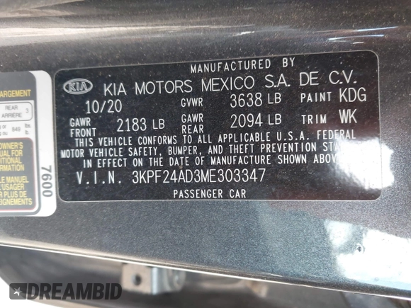 2021 Kia Forte LXS with VIN 3KPF24AD3ME303347, listed as a IAAI auction lot 42014410 with 80,618 mi miles. Bid and sale history available at carsss.com. Image 9.
