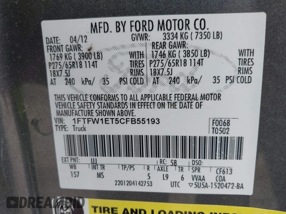 2012 Ford F-150 XL with VIN 1FTFW1ET5CFB55193, listed as a IAAI auction lot 42446598 with 132,596 mi miles and . Bid and sale history available at DreamBid. Image 9.