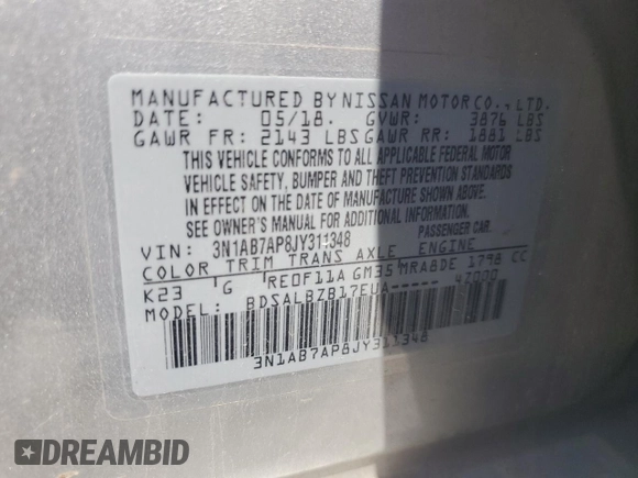 2018 Nissan Sentra S with VIN 3N1AB7AP8JY311348, listed as a Copart auction lot 55452795 with 157,916 mi miles and Clean Title. Bid and sale history available at DreamBid. Image 12.