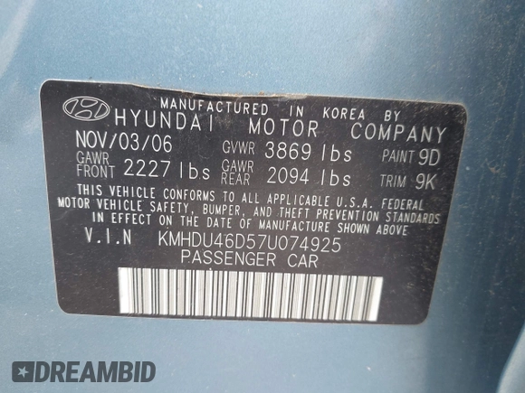 2007 Hyundai Elantra GLS with VIN KMHDU46D57U074925, listed as a IAAI auction lot 42229958 with 207,766 mi miles and . Bid and sale history available at DreamBid. Image 9.