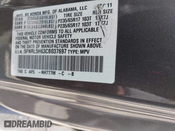 2012 Honda Odyssey EX-L with VIN 5FNRL5H63CB037697, listed as a IAAI auction lot 42262596 with 135,218 mi miles and . Bid and sale history available at DreamBid. Image 9.