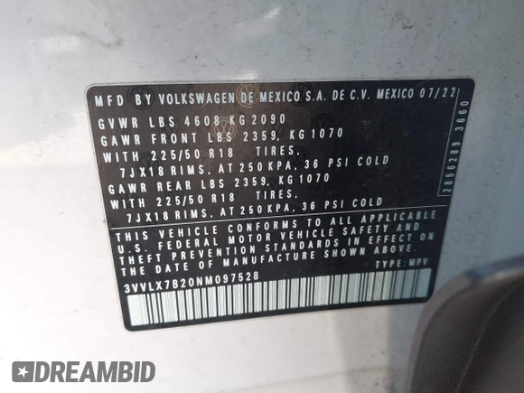 2022 Volkswagen Taos SE z VIN 3VVLX7B20NM097528, wystawiony jako IAAI lot #41152253 z przebiegiem 45 607 mil mil oraz . Historia ofert i sprzedaży dostępna na DreamBid. Obrazek 9.