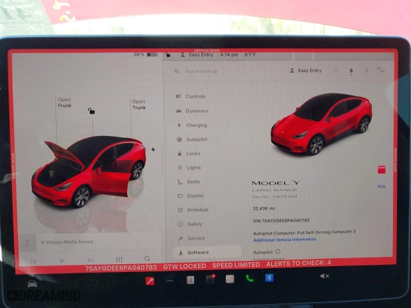 2023 Tesla Model Y Long Range with VIN 7SAYGDEE6PA040783, listed as a IAAI auction lot 41878236 with 32,436 mi miles. Bid and sale history available at carsss.com. Image 7.