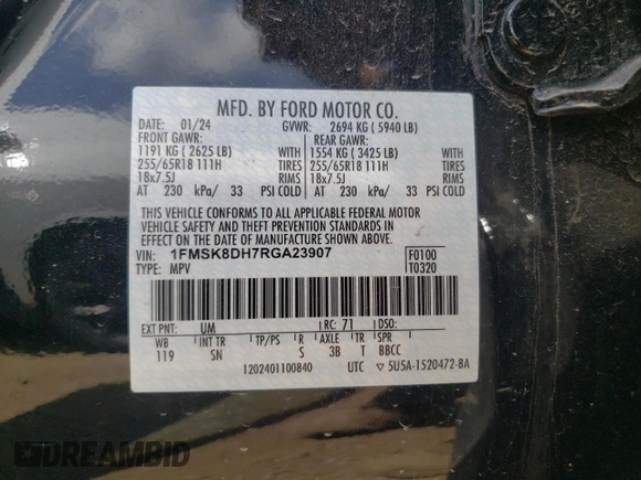 2024 Ford Explorer XLT with VIN 1FMSK8DH7RGA23907, listed as a Copart auction lot 61095905 with 26,289 mi miles and Non repairable. Bid and sale history available at DreamBid. Image 12.