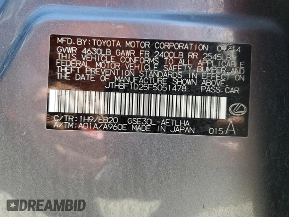 2015 Lexus IS 250 with VIN JTHBF1D25F5051478, listed as a Copart auction lot 57087175 with 105,255 mi miles and Salvage title. Bid and sale history available at DreamBid. Image 12.