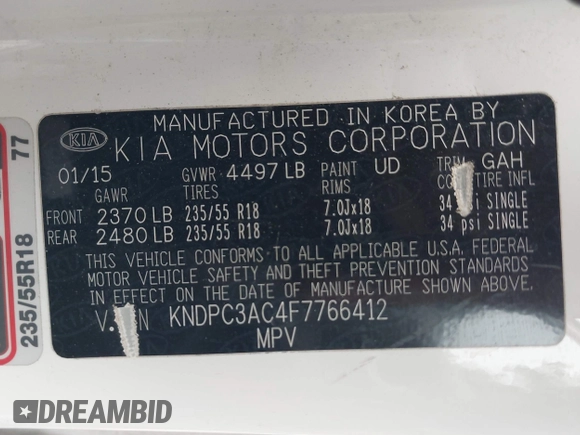 2015 Kia Sportage EX with VIN KNDPC3AC4F7766412, listed as a IAAI auction lot 42147917 with 89,829 mi miles and . Bid and sale history available at DreamBid. Image 9.