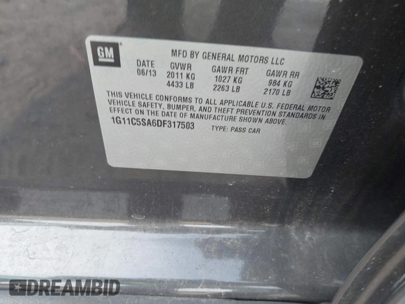 2013 Chevrolet Malibu LT with VIN 1G11C5SA6DF317503, listed as a IAAI auction lot 42063040 with 102,343 mi miles and . Bid and sale history available at DreamBid. Image 9.