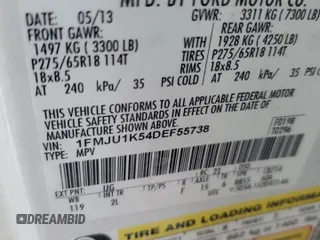 2013 Ford Expedition Limited z VIN 1FMJU1K54DEF55738, wystawiony jako Copart lot #56930915 z przebiegiem 147 658 mil mil oraz Szkoda całkowita • Salvage title. Historia ofert i sprzedaży dostępna na DreamBid. Obrazek 13.