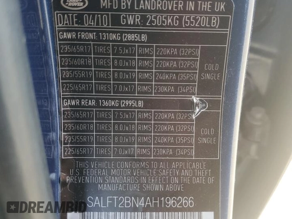 2010 Land Rover LR2 HSE with VIN SALFT2BN4AH196266, listed as a Copart auction lot 56655865 with Not provided miles and Clean title. Bid and sale history available at DreamBid. Image 13.