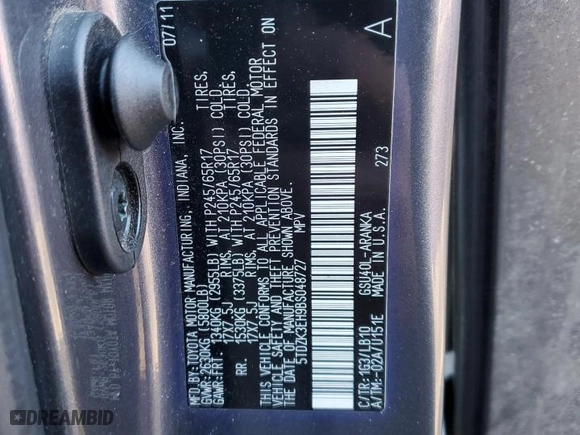 2011 Toyota Highlander with VIN 5TDZK3EH9BS048727, listed as a Copart auction lot 42782845 with 117,966 mi miles and Salvage Title. Bid and sale history available at carsss.com. Image 14.