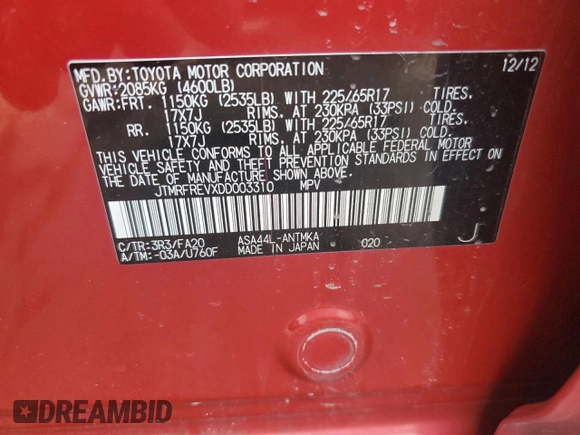 2013 Toyota RAV4 XLE with VIN JTMRFREVXDD003310, listed as a Copart auction lot 46533495 with 179,888 mi miles and Salvage Title. Bid and sale history available at carsss.com. Image 12.