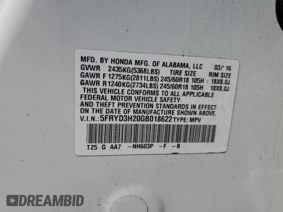 2016 Acura MDX с VIN 5FRYD3H20GB018622, выставлен на аукционе Copart как лот 53746995 с пробегом 66 110 миль миль и Списание • Salvage title. История ставок и продаж доступна на DreamBid. Изображение 12.