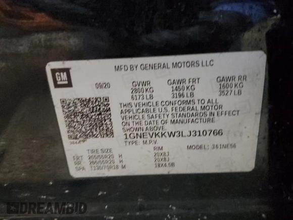 2020 Chevrolet Traverse Premier with VIN 1GNEVKKW3LJ310766, listed as a Copart auction lot 42061655 with 103,813 mi miles and Salvage Title. Bid and sale history available at carsss.com. Image 13.