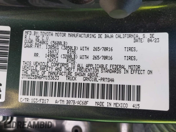 2023 Toyota Tacoma SR5 z VIN 3TMDZ5BN6PM153633, wystawiony jako IAAI lot #42353187 z przebiegiem 50 020 mil mil oraz . Historia ofert i sprzedaży dostępna na DreamBid. Obrazek 9.