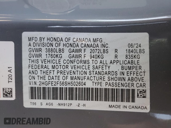 2025 Honda Civic Sport z VIN 2HGFE2F56SH502604, wystawiony jako Copart lot #49103395 z przebiegiem Nie podano mil oraz Szkoda całkowita • Salvage title. Historia ofert i sprzedaży dostępna na DreamBid. Obrazek 14.