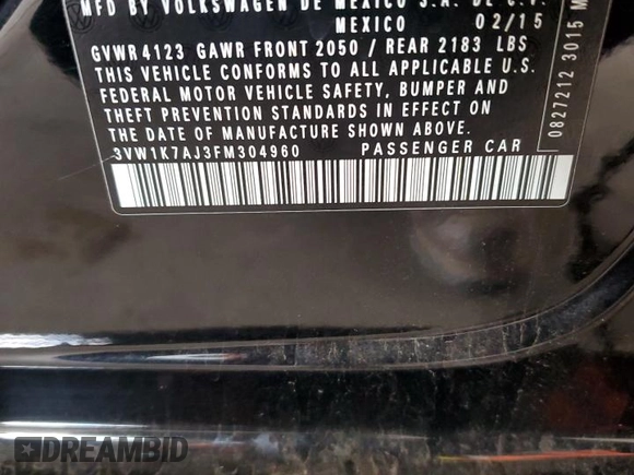2015 Volkswagen Jetta S with VIN 3VW1K7AJ3FM304960, listed as a Copart auction lot 48977265 with 118,572 mi miles and Salvage title. Bid and sale history available at DreamBid. Image 14.