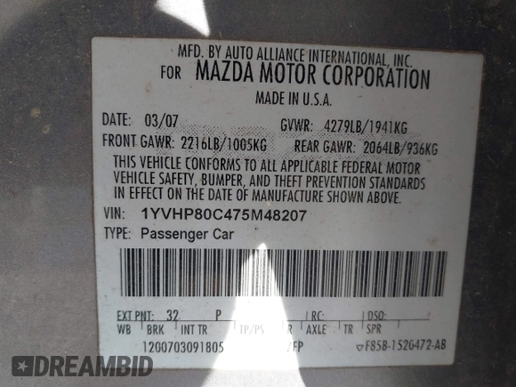 2007 Mazda Mazda6 i Sport VE with VIN 1YVHP80C475M48207, listed as a IAAI auction lot 41028164 with 173,307 mi miles. Bid and sale history available at carsss.com. Image 9.