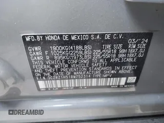 2024 Honda HR-V Sport with VIN 3CZRZ1H51RM752314, listed as a IAAI auction lot 42130406 with 10,435 mi miles and . Bid and sale history available at DreamBid. Image 9.